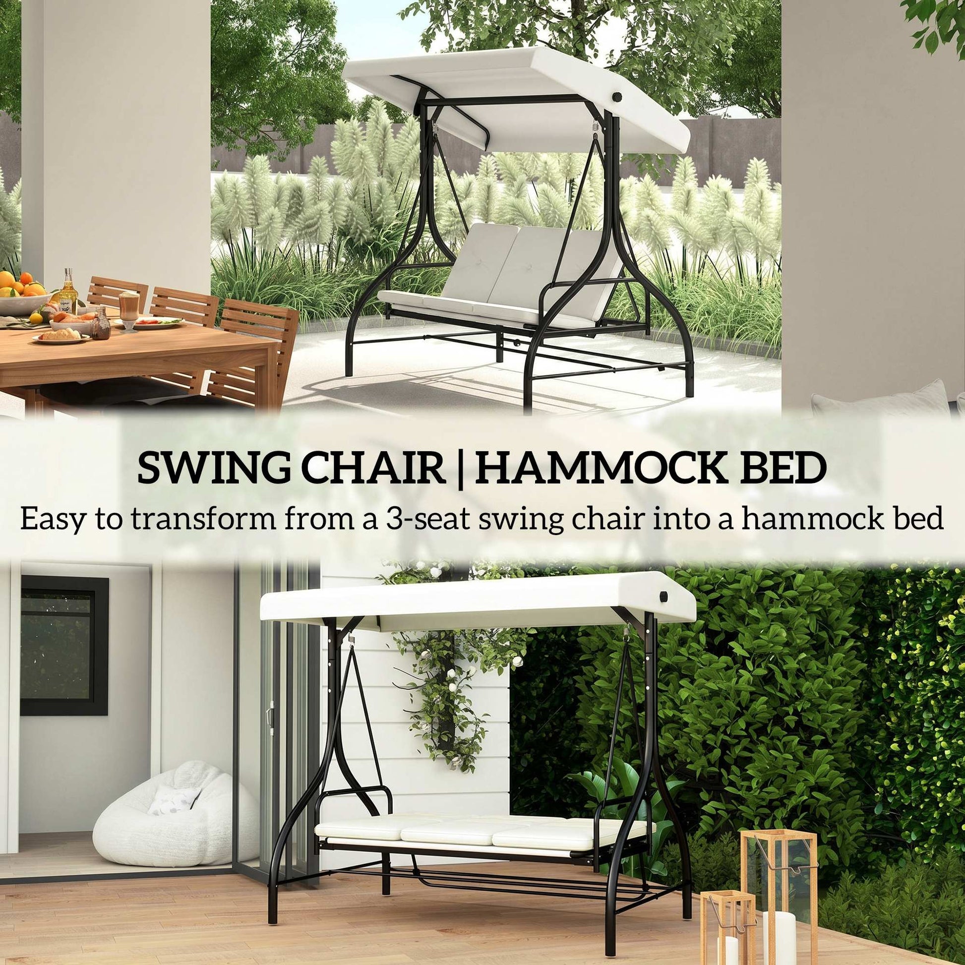 Outdoor Convertible Swing Bed, 3-Seater Patio Swing, Cream White Canopy-DECOROLALA
