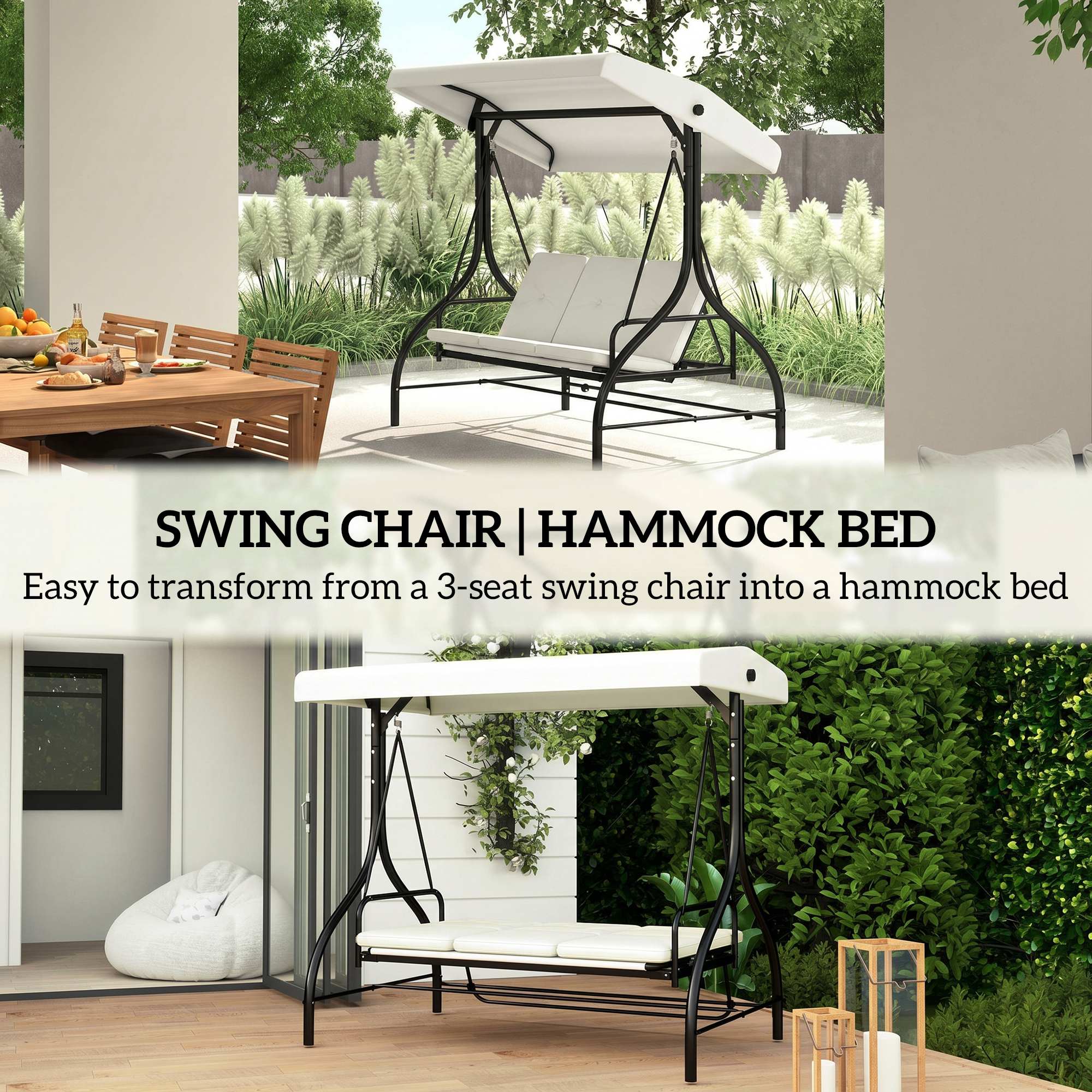 Outdoor Convertible Swing Bed, 3-Seater Patio Swing, Cream White Canopy-DECOROLALA