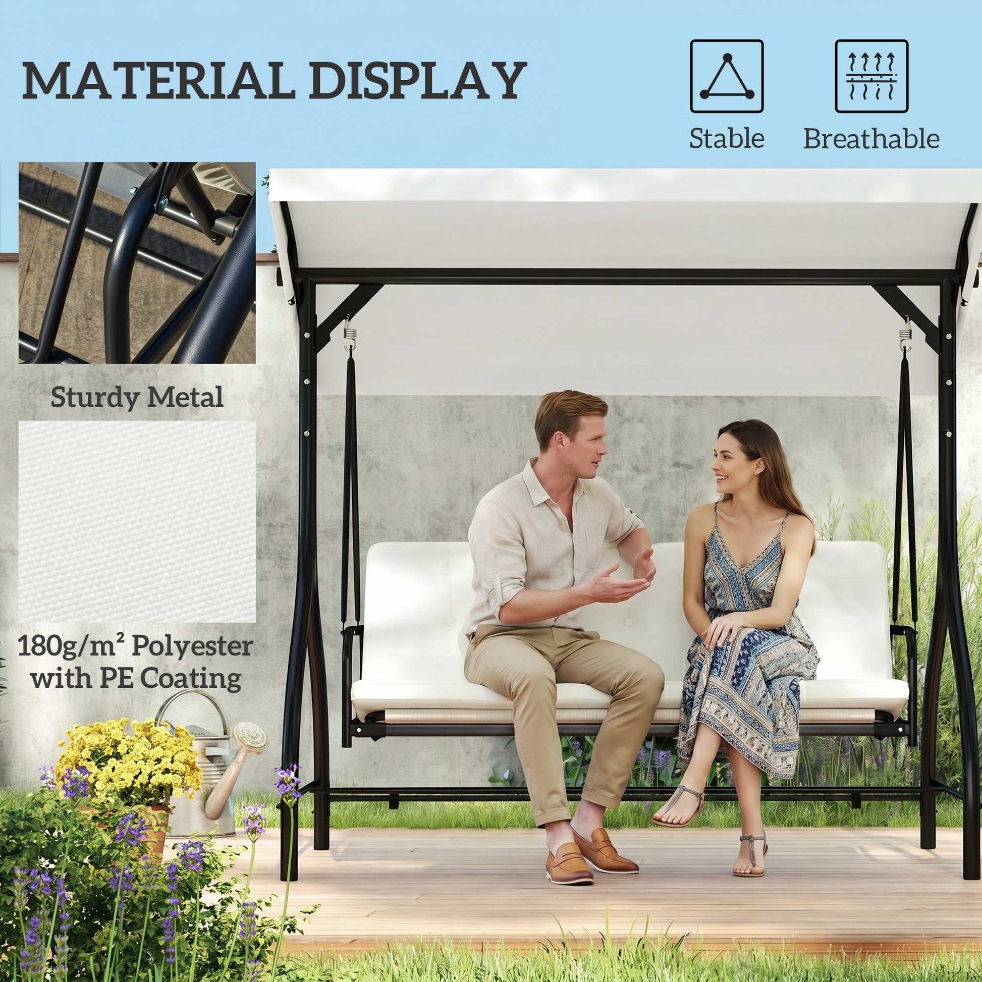 Outdoor Convertible Swing Bed, 3-Seater Patio Swing, Cream White Canopy-DECOROLALA