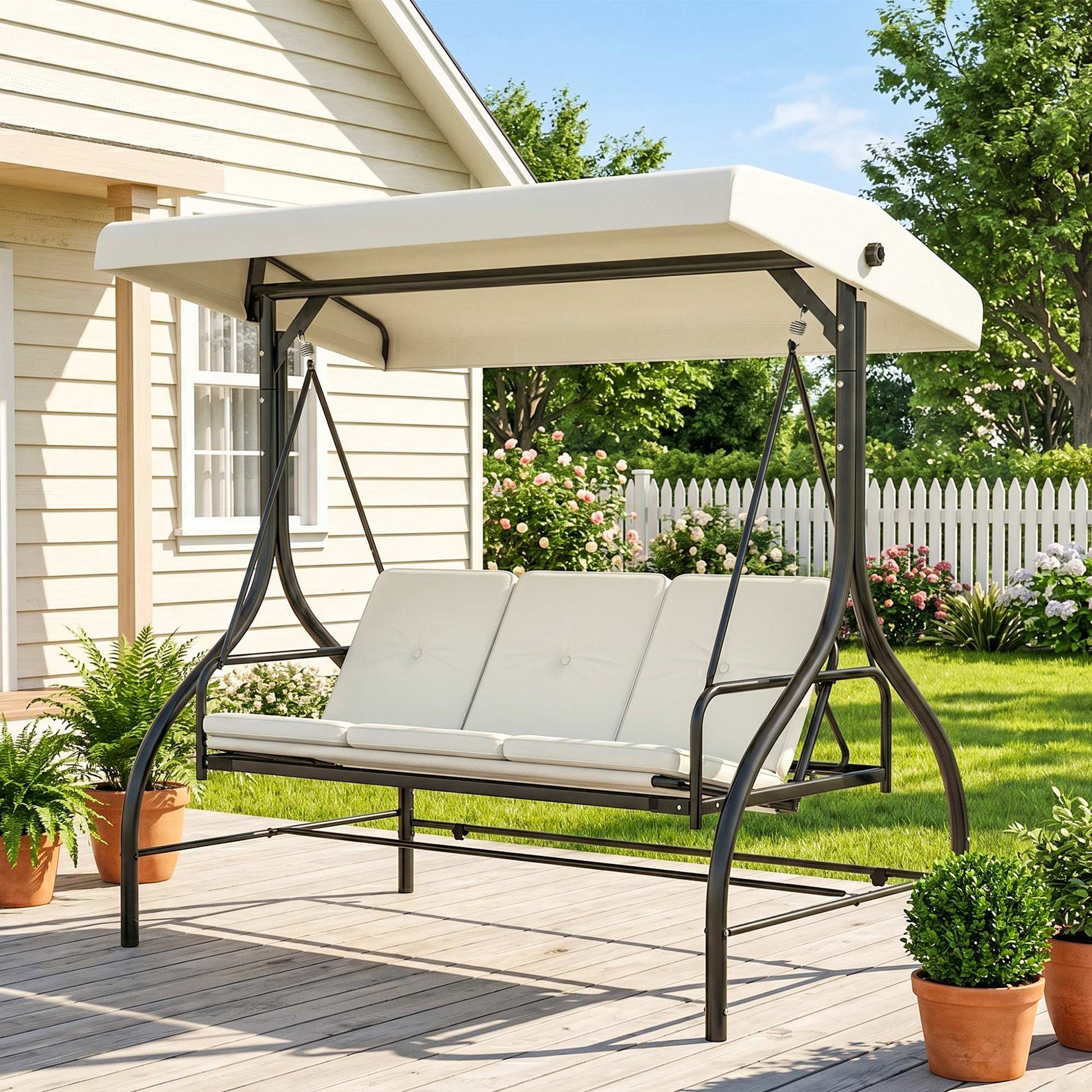 Outdoor Convertible Swing Bed, 3-Seater Patio Swing, Cream White Canopy-DECOROLALA