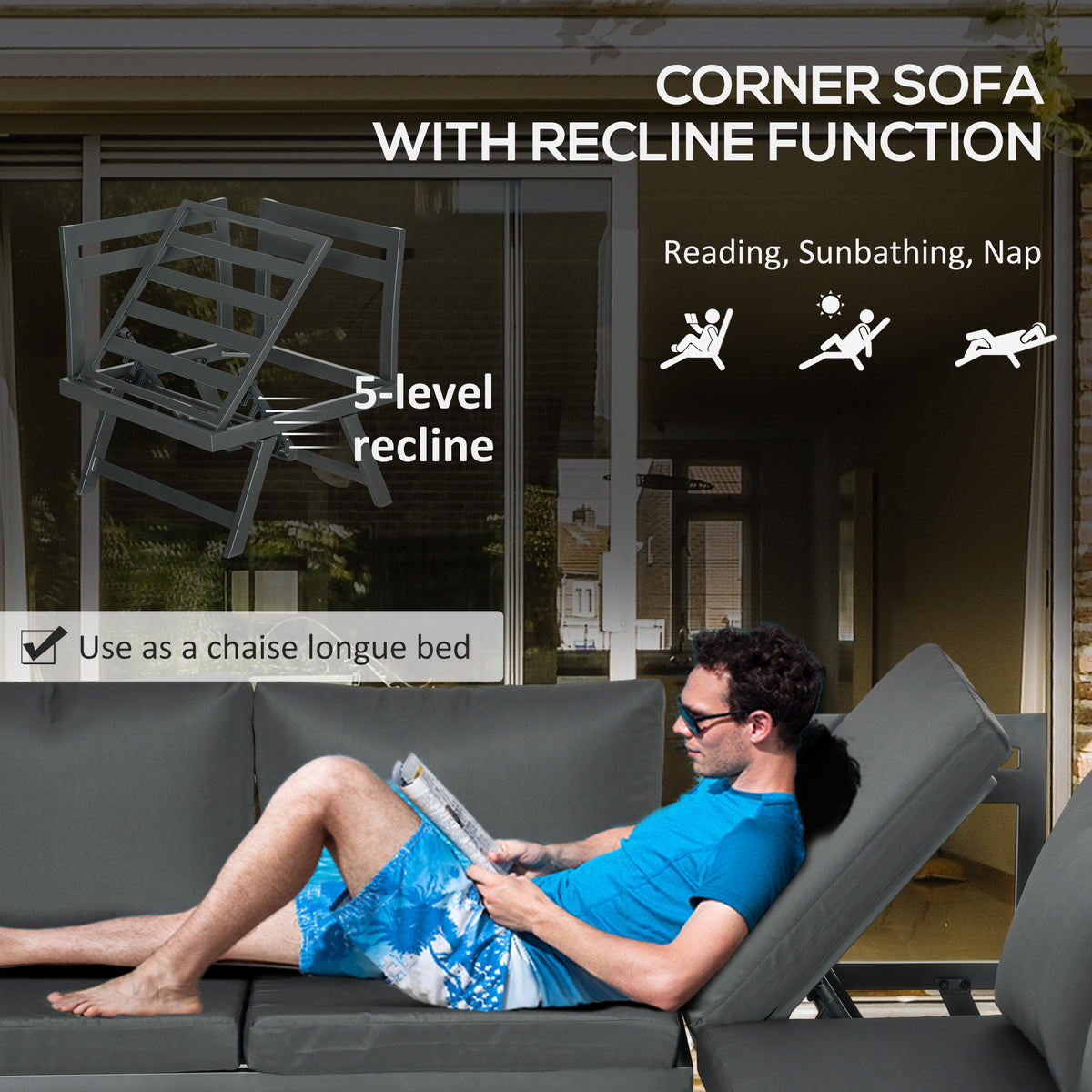 Outdoor Corner Garden Set 5-Seater Grey Convertible-Patio Furniture Sets-DECOROLALA