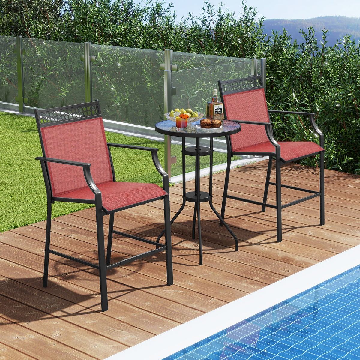 Outdoor Counter Stools Set of 2 Heavy-Duty Barstools with Footrest and Armrests-Red-Outdoor Bar Furniture-DECOROLALA