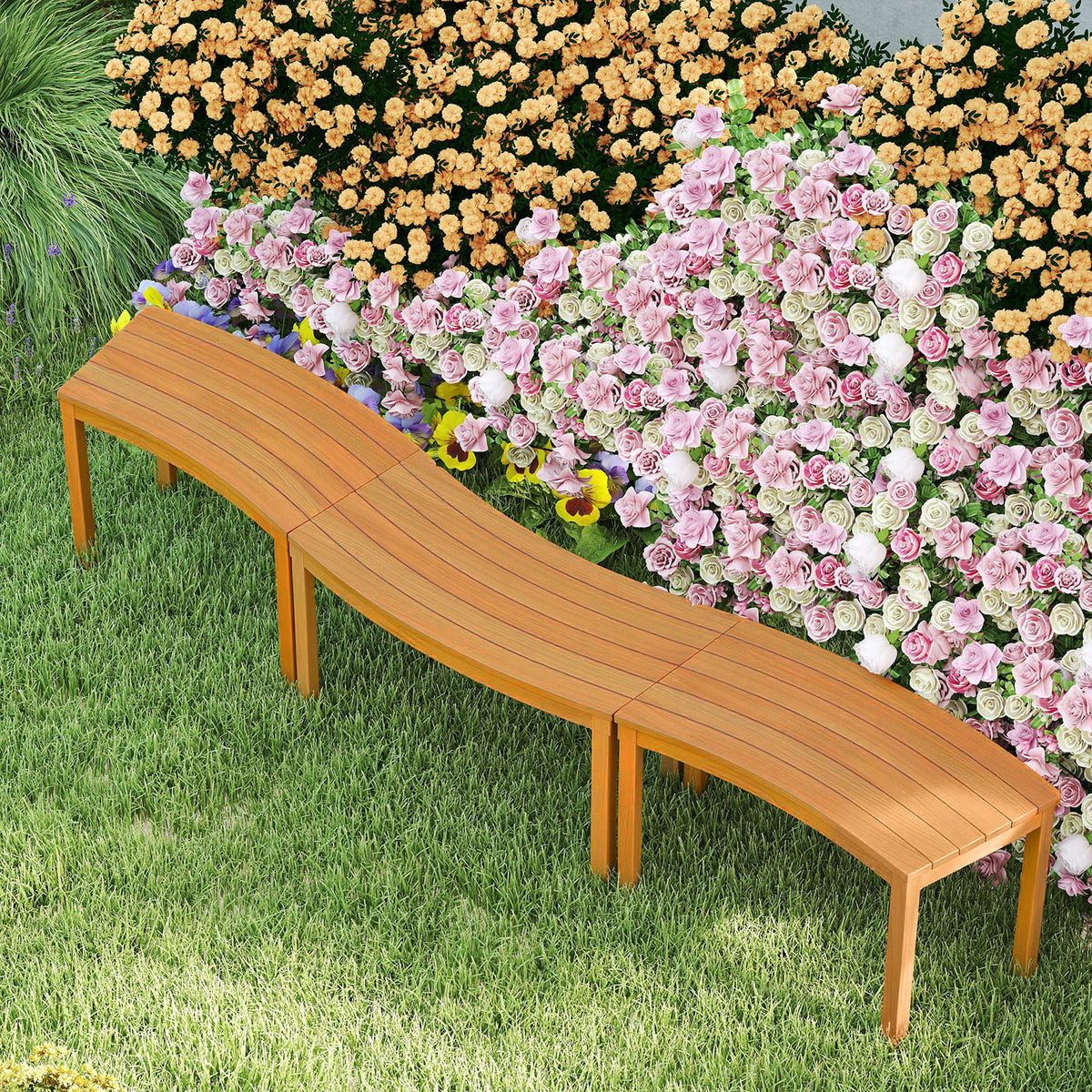 Outdoor Curved Acacia Wood Bench Set of 2/3/4 for Front Porch-3-Outdoor Benches-DECOROLALA