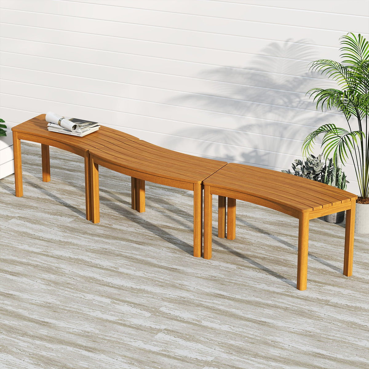 Outdoor Curved Acacia Wood Bench Set of 2/3/4 for Front Porch-3-Outdoor Benches-DECOROLALA
