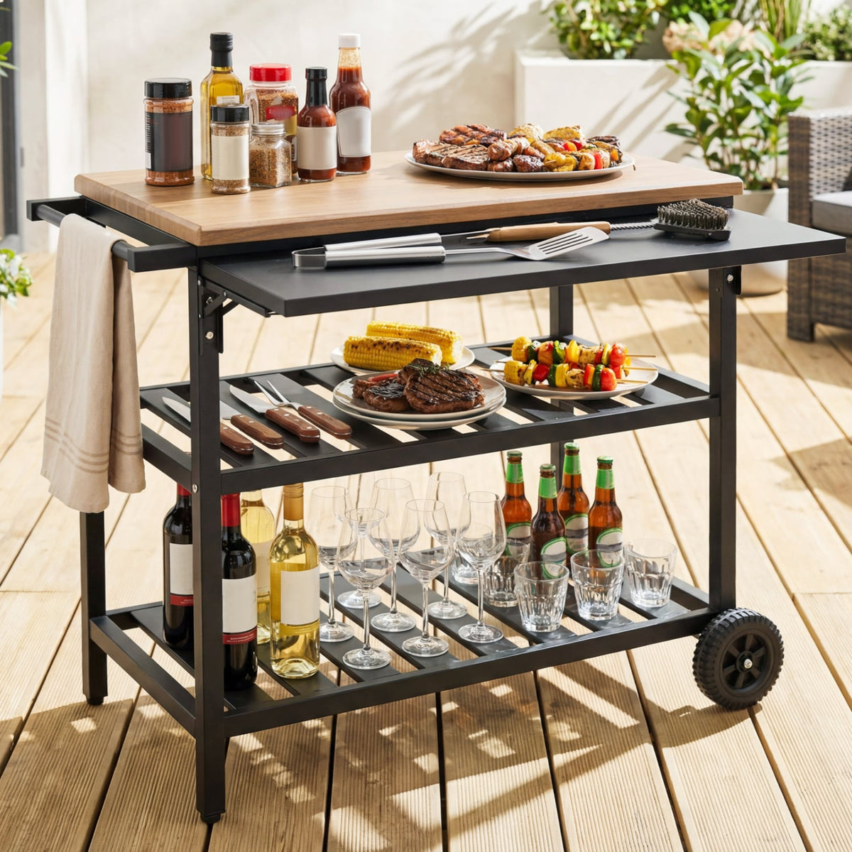Outdoor Dining Cart with BBQ Grill and Folding Side Panel-Outdoor Grills-DECOROLALA