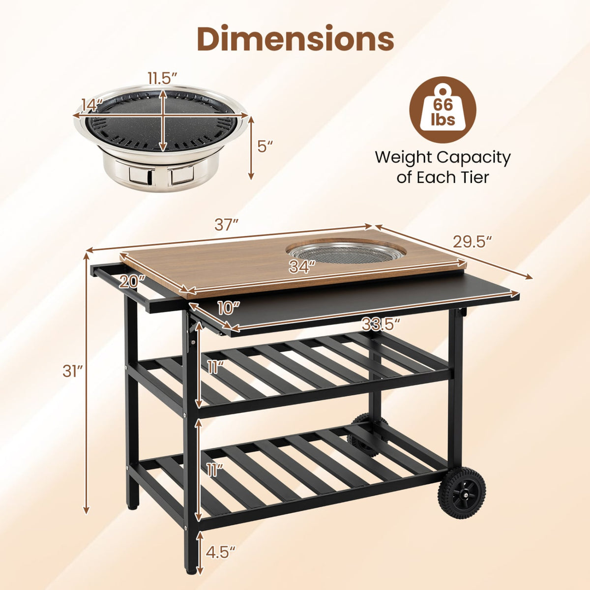 Outdoor Dining Cart with BBQ Grill and Folding Side Panel-Outdoor Grills-DECOROLALA