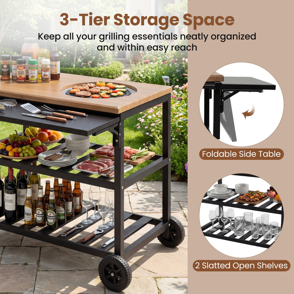 Outdoor Dining Cart with BBQ Grill and Folding Side Panel-Outdoor Grills-DECOROLALA