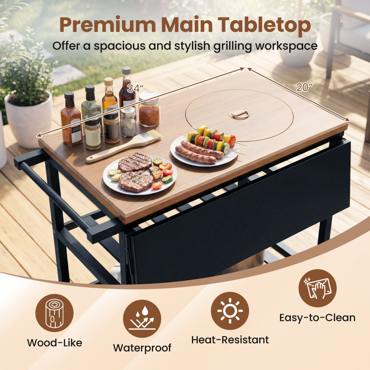 Outdoor Dining Cart with BBQ Grill and Folding Side Panel-Outdoor Grills-DECOROLALA