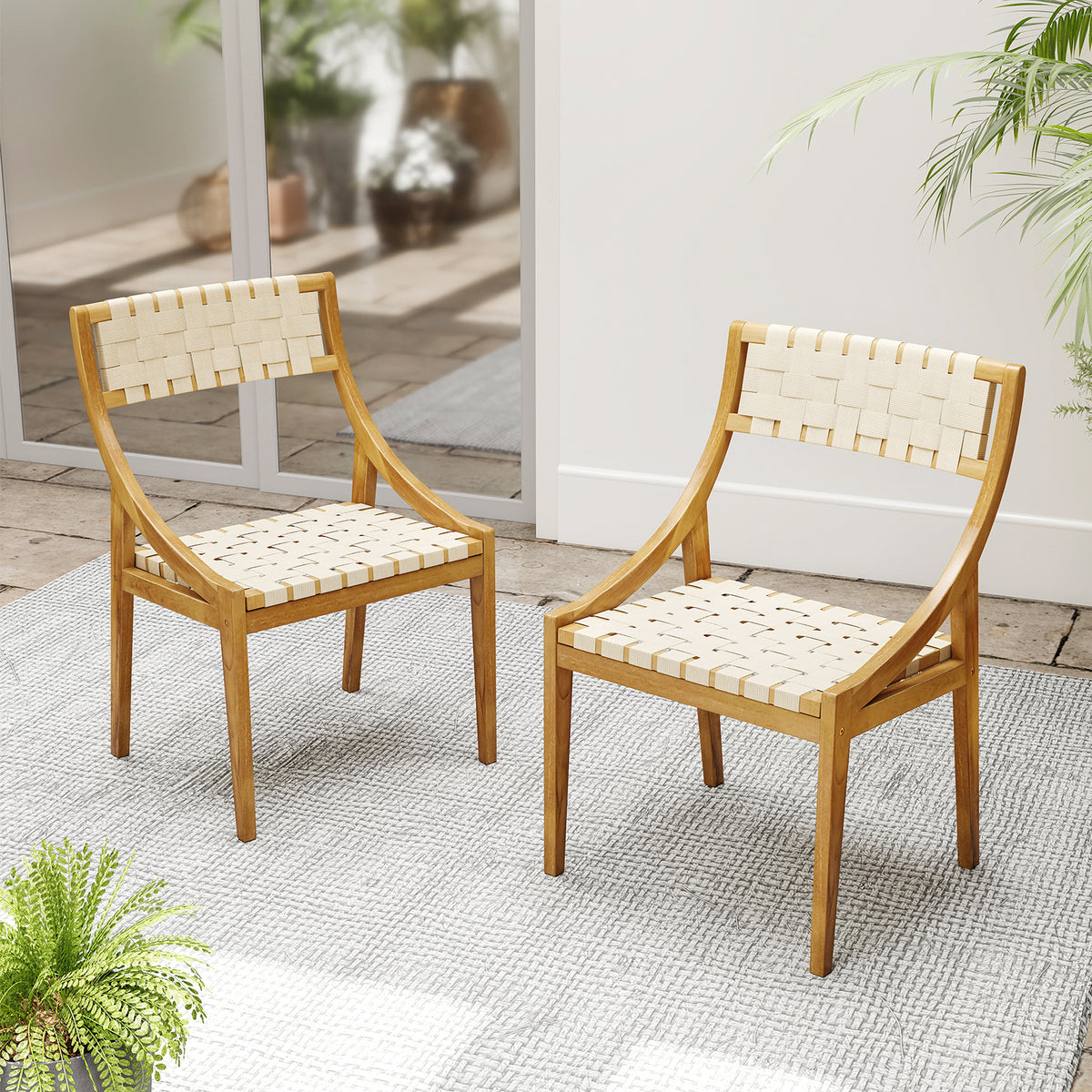 Outdoor Dining Chair with Webbing Seat and Backrest-Natural-Patio Dining Chairs-DECOROLALA