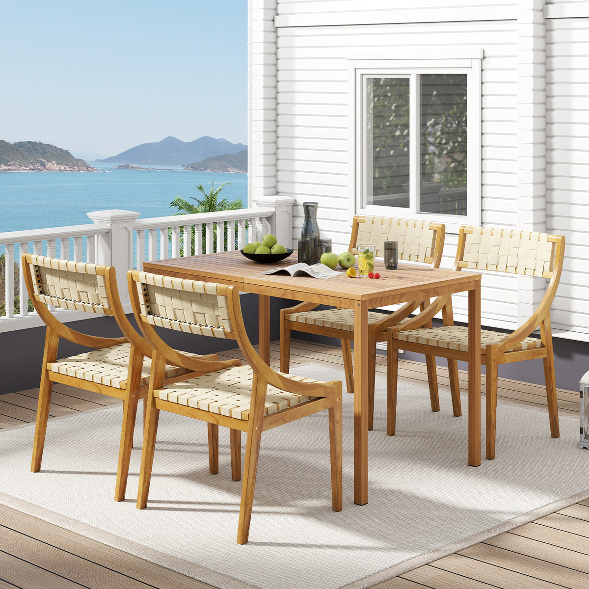 Outdoor Dining Chair with Webbing Seat and Backrest-Natural-Patio Dining Chairs-DECOROLALA