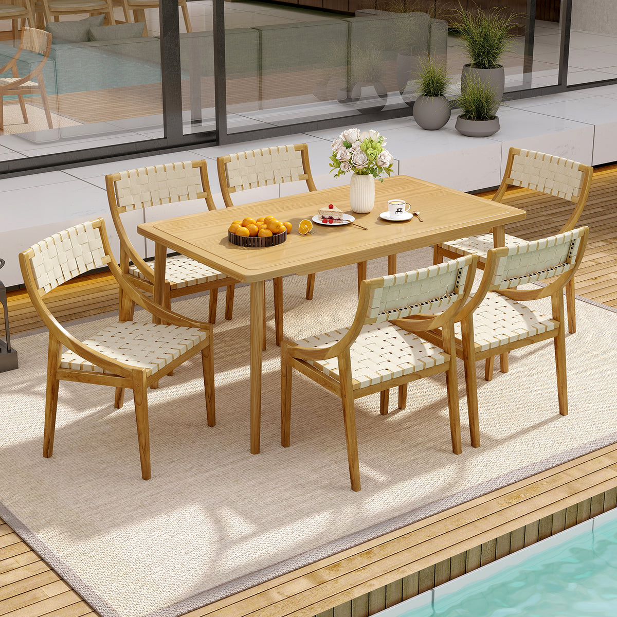 Outdoor Dining Chair with Webbing Seat and Backrest-Natural-Patio Dining Chairs-DECOROLALA