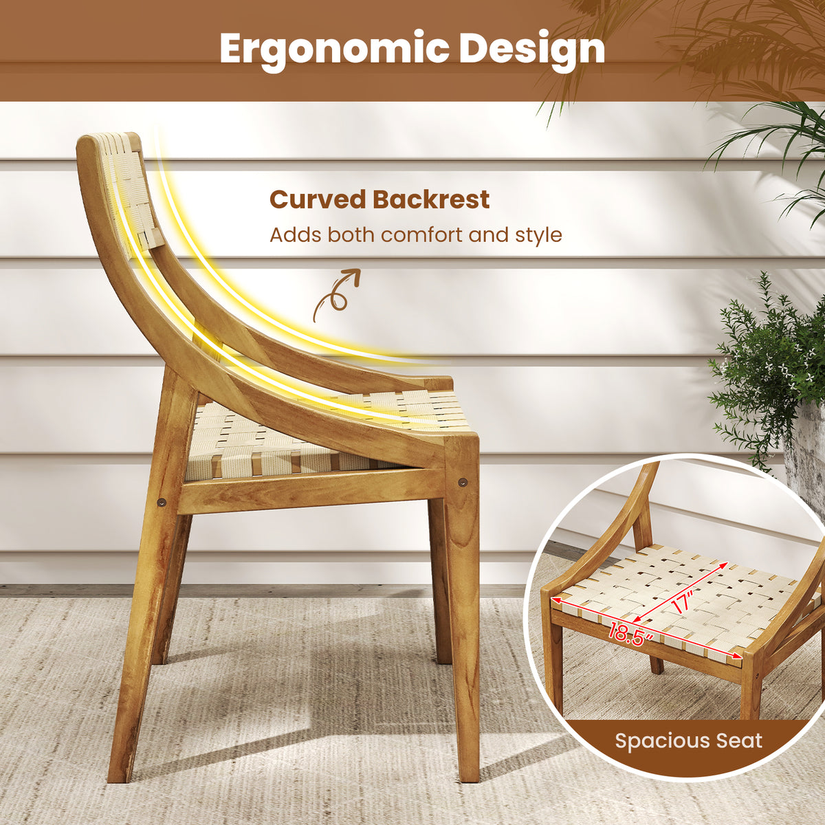 Outdoor Dining Chair with Webbing Seat and Backrest-Natural-Patio Dining Chairs-DECOROLALA