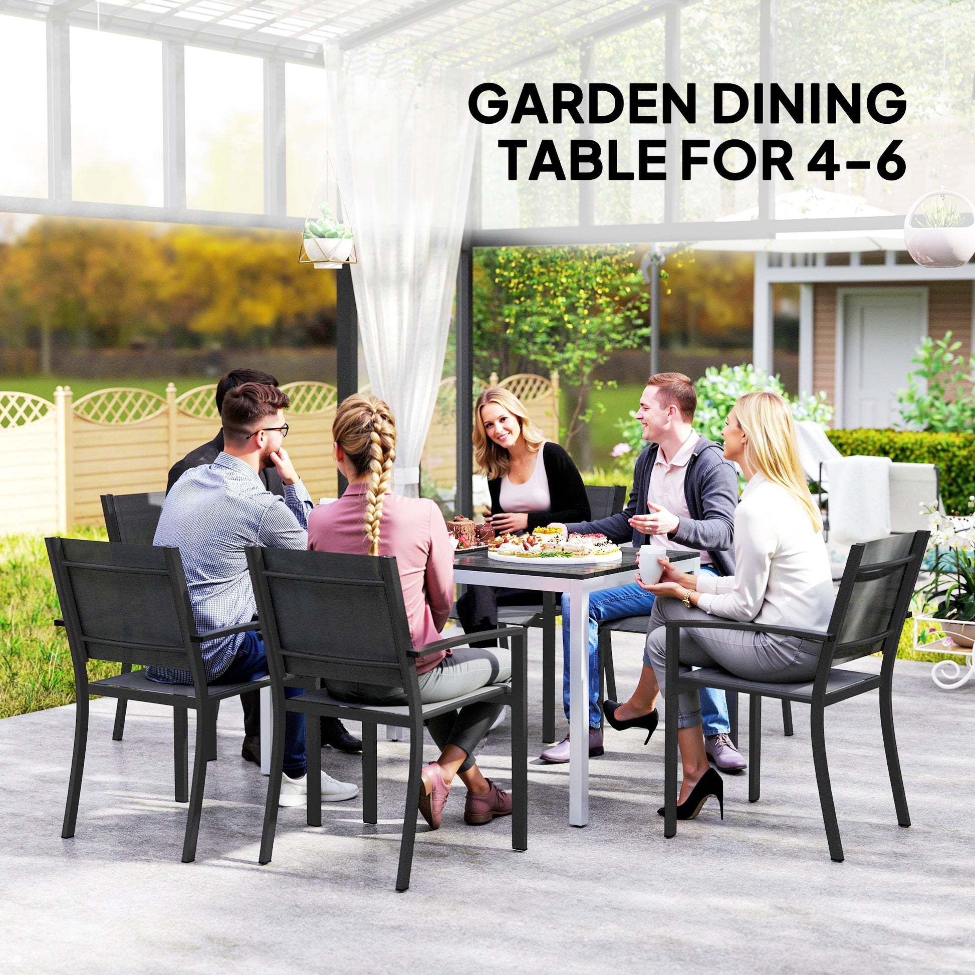 Outdoor Dining Table, 4-6 Seaters, Easy Maintenance, Black Aluminium Frame-DECOROLALA