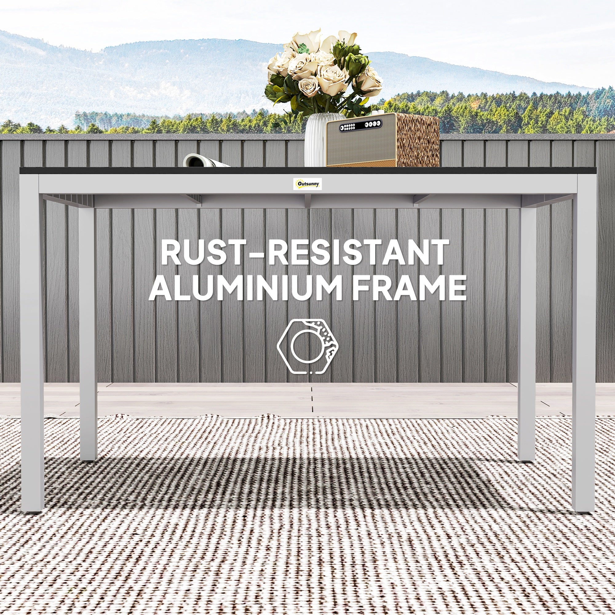 Outdoor Dining Table, 4-6 Seaters, Easy Maintenance, Black Aluminium Frame-DECOROLALA