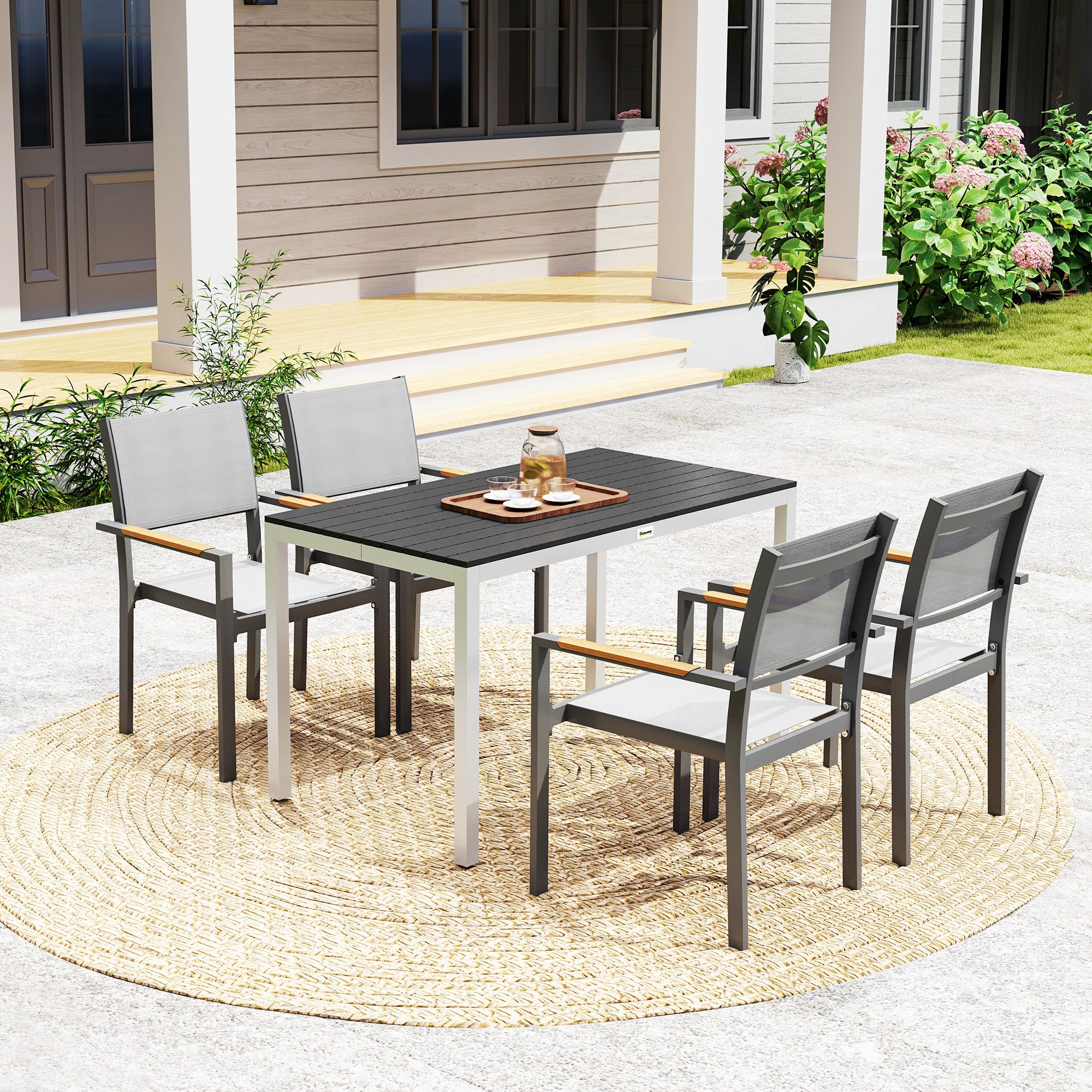 Outdoor Dining Table, 4-6 Seaters, Easy Maintenance, Black Aluminium Frame-DECOROLALA