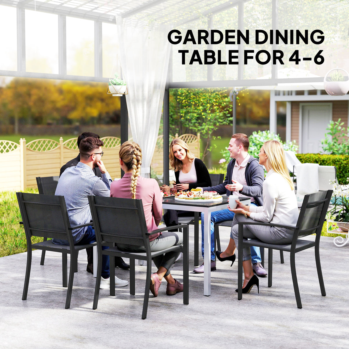 Outdoor Dining Table, 4-6 Seaters, Easy Maintenance, Black Aluminium Frame-Patio Dining Tables-DECOROLALA