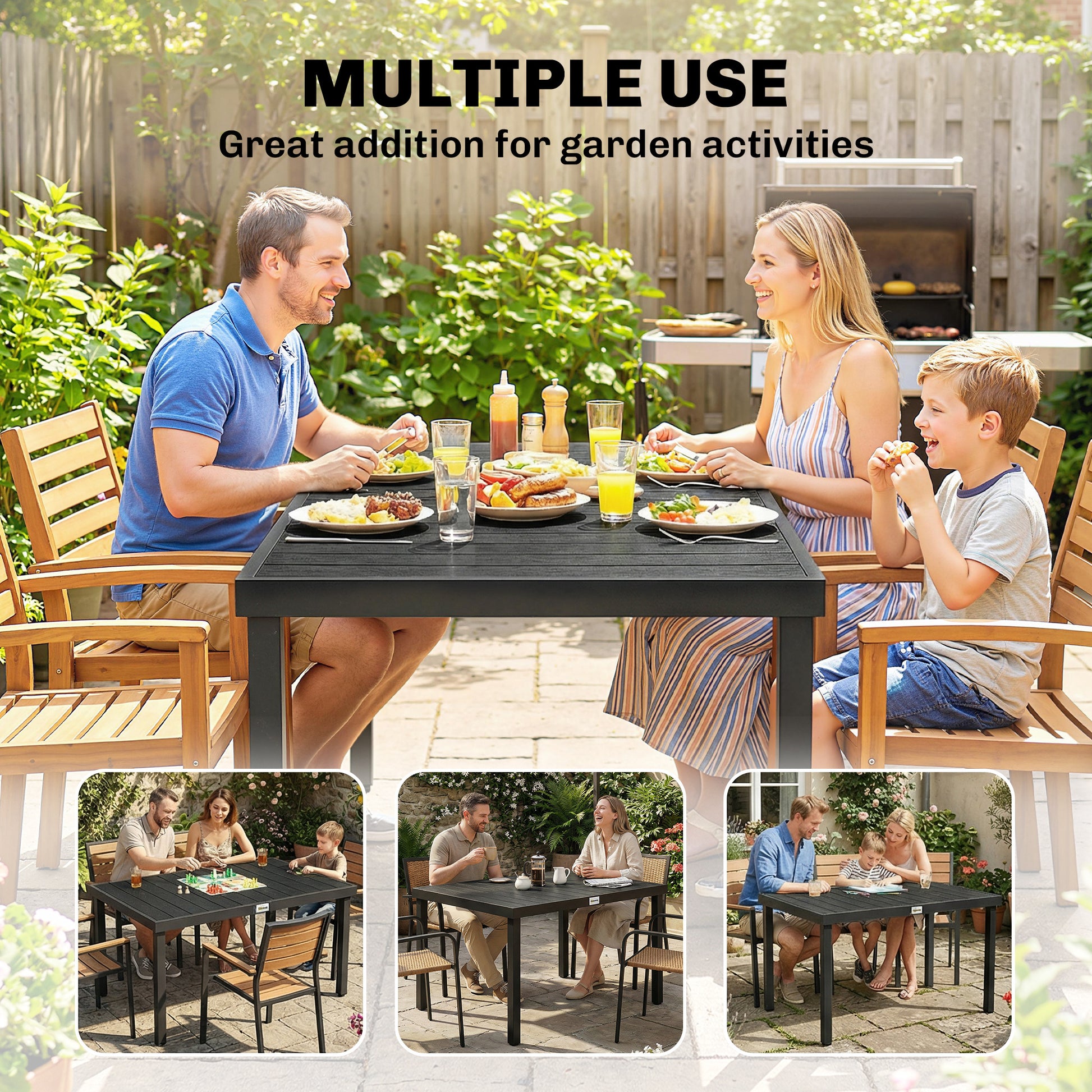 Outdoor Dining Table for 6, Aluminum, Rectangular, 47.2" x 35.4" x 29.1", Black-DECOROLALA