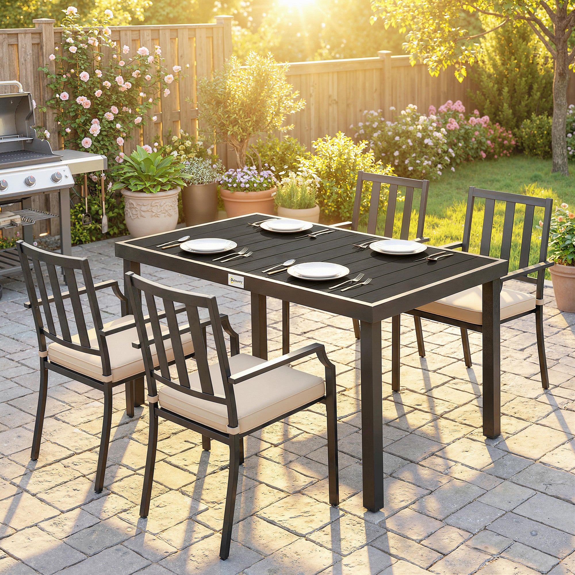 Outdoor Dining Table for 6, Aluminum, Rectangular, 47.2" x 35.4" x 29.1", Black-DECOROLALA