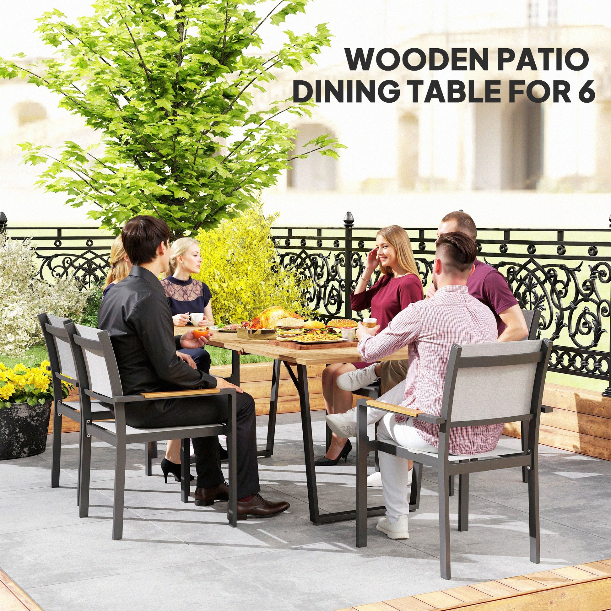 Outdoor Dining Table for 6, Wooden Slatted, Metal Frame, Yard, Deck, Lawn-DECOROLALA