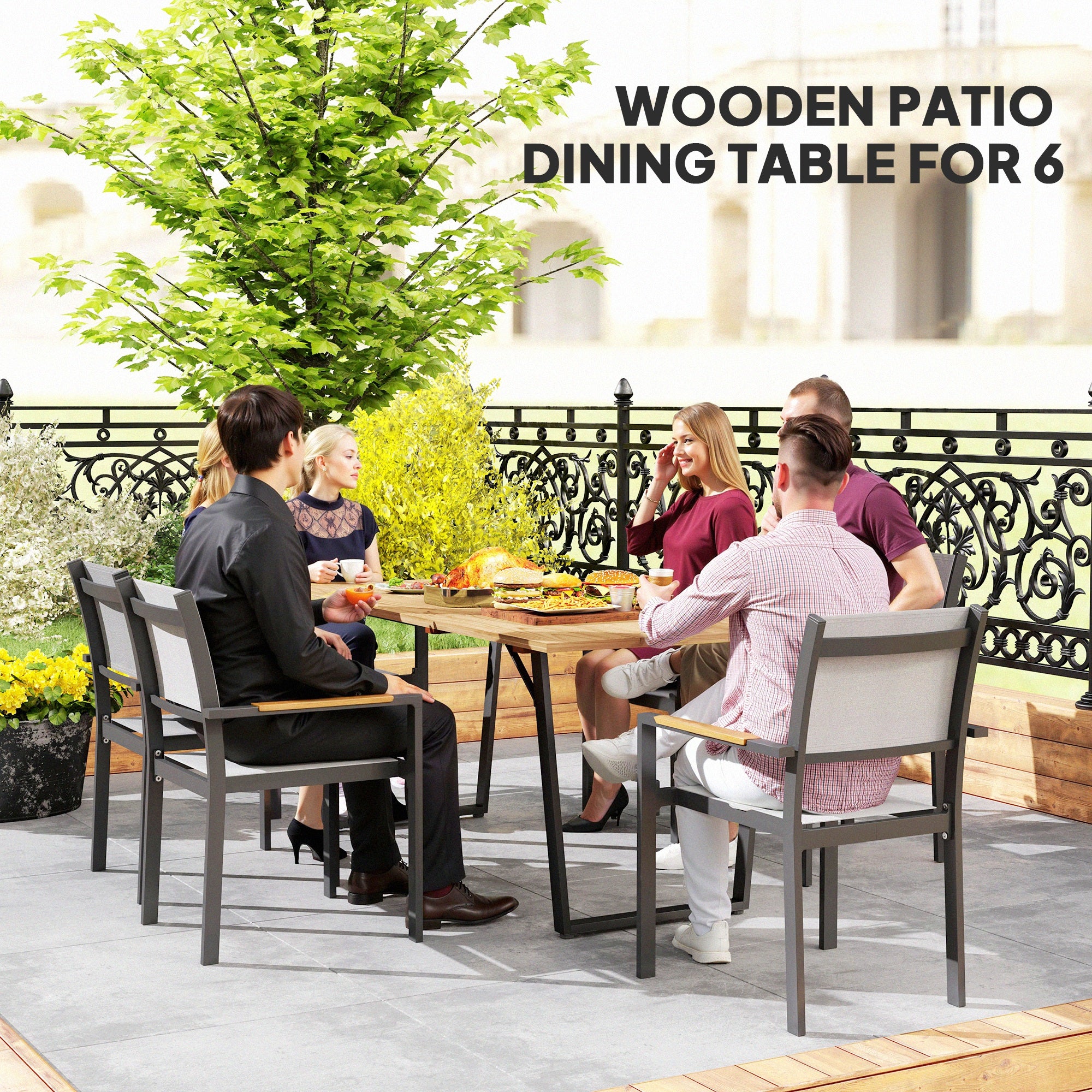 Outdoor Dining Table for 6, Wooden Slatted, Metal Frame, Yard, Deck, Lawn-DECOROLALA
