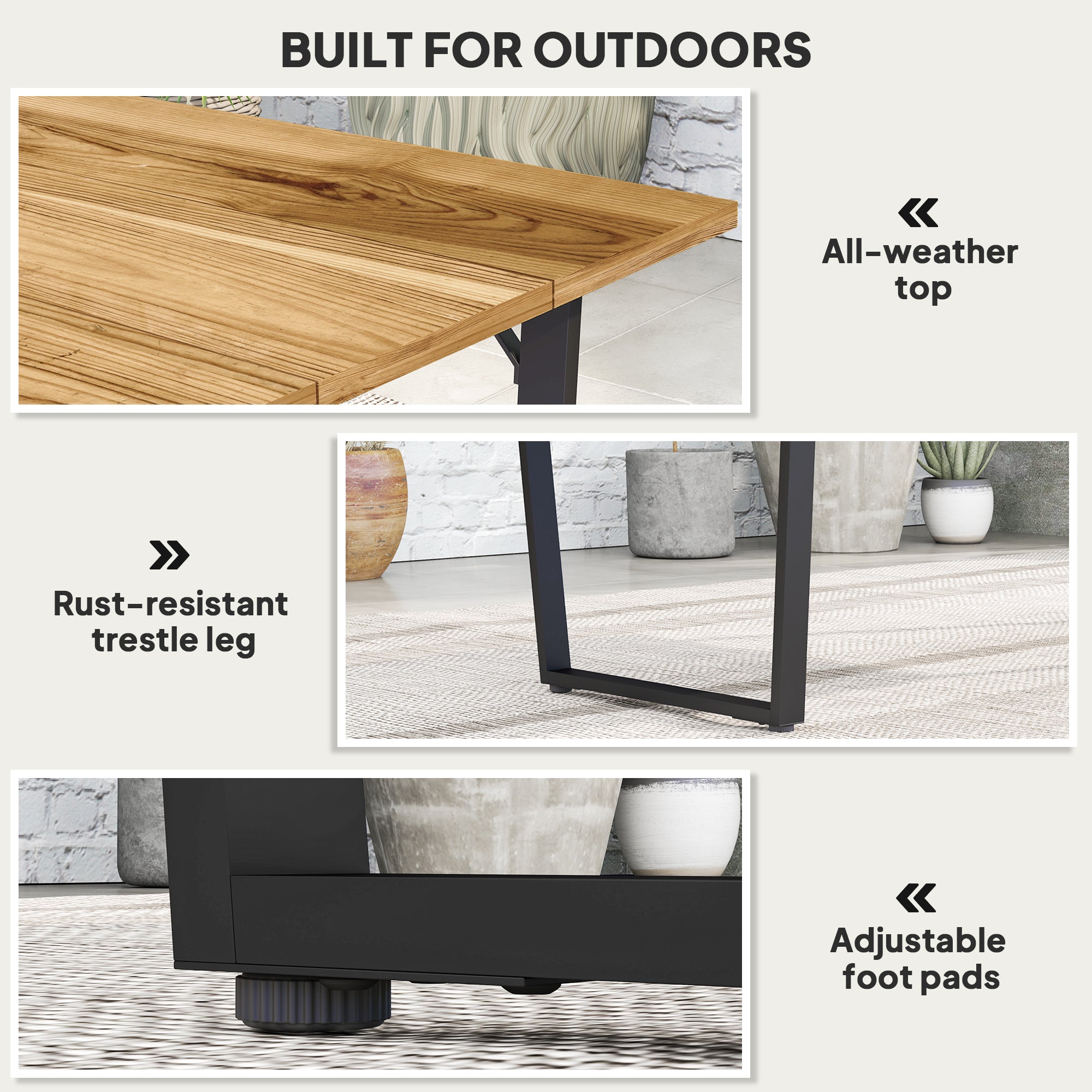 Outdoor Dining Table for 6, Wooden Slatted, Metal Frame, Yard, Deck, Lawn-DECOROLALA