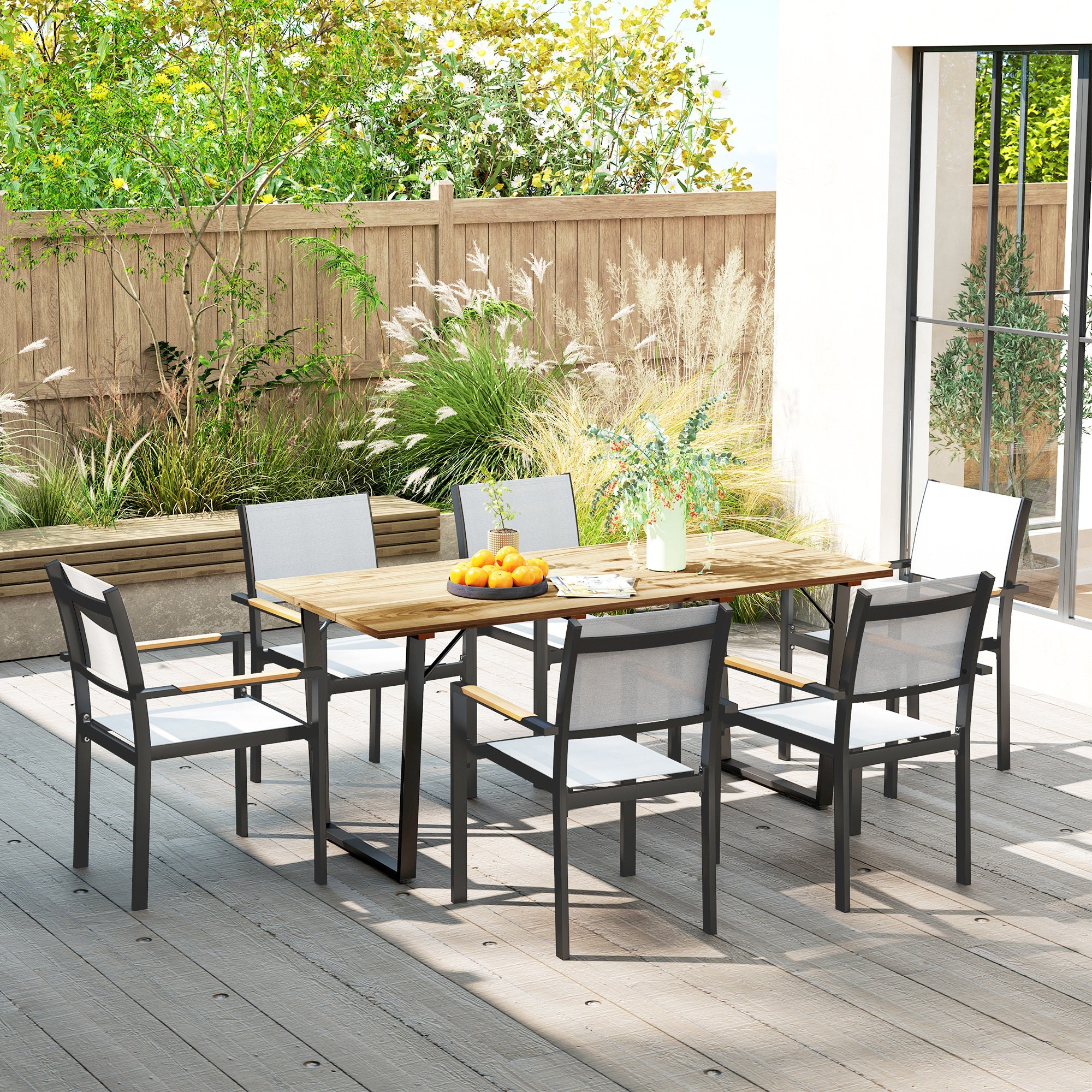 Outdoor Dining Table for 6, Wooden Slatted, Metal Frame, Yard, Deck, Lawn-DECOROLALA