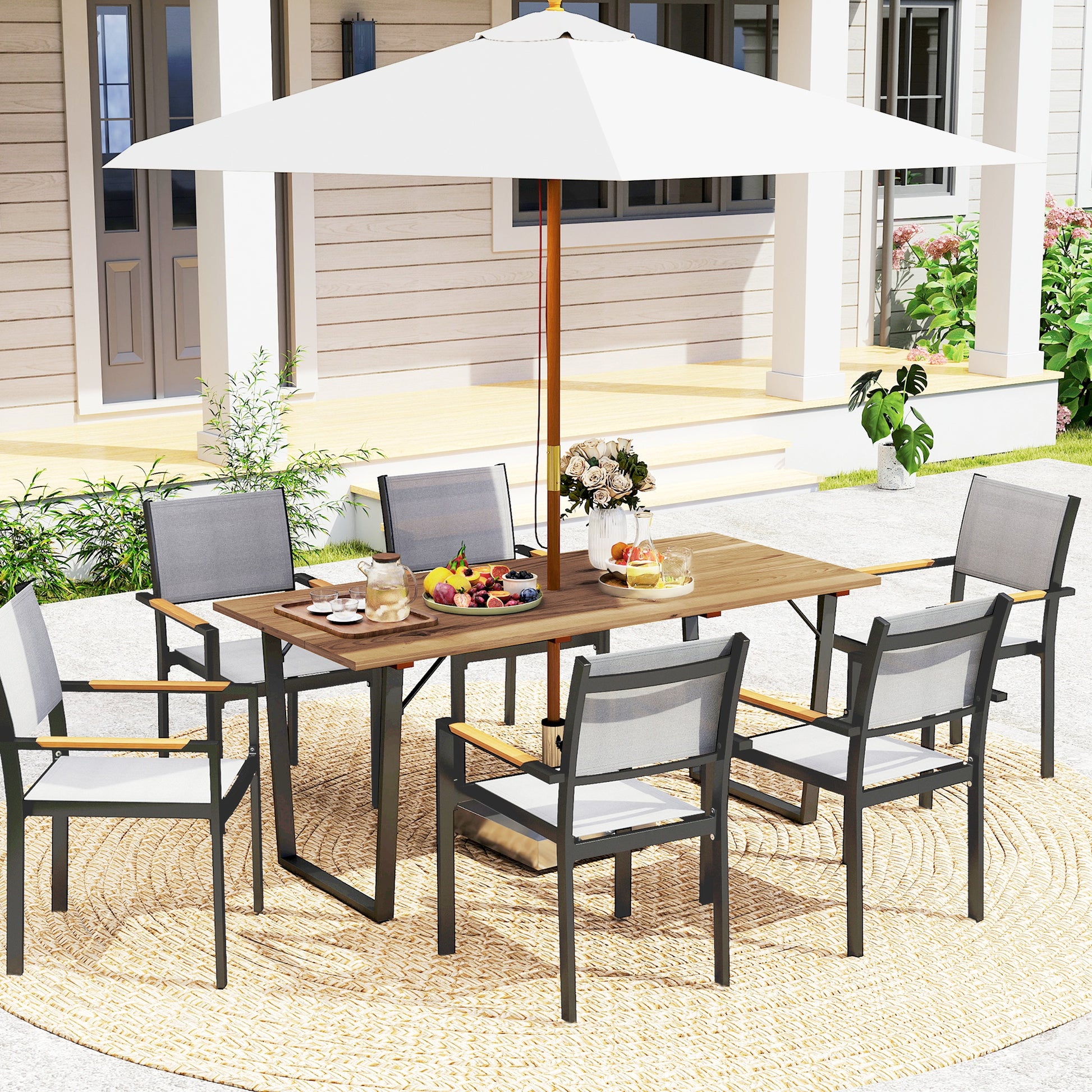 Outdoor Dining Table for 6, Wooden Slatted, Metal Frame, Yard, Deck, Lawn-DECOROLALA