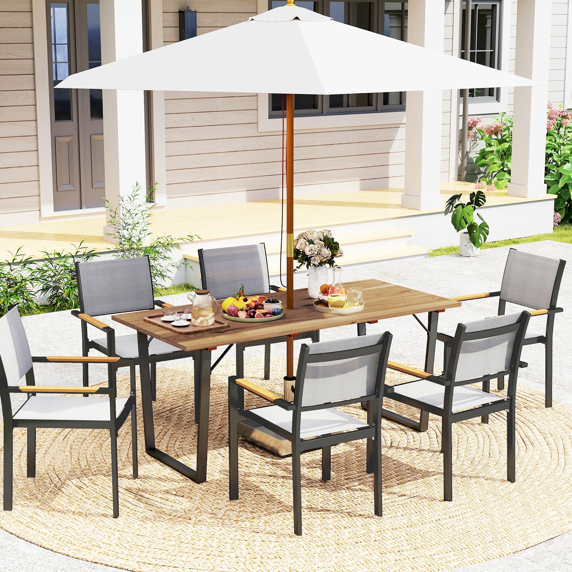 Outdoor Dining Table for 6, Wooden Slatted, Metal Frame, Yard, Deck, Lawn-DECOROLALA
