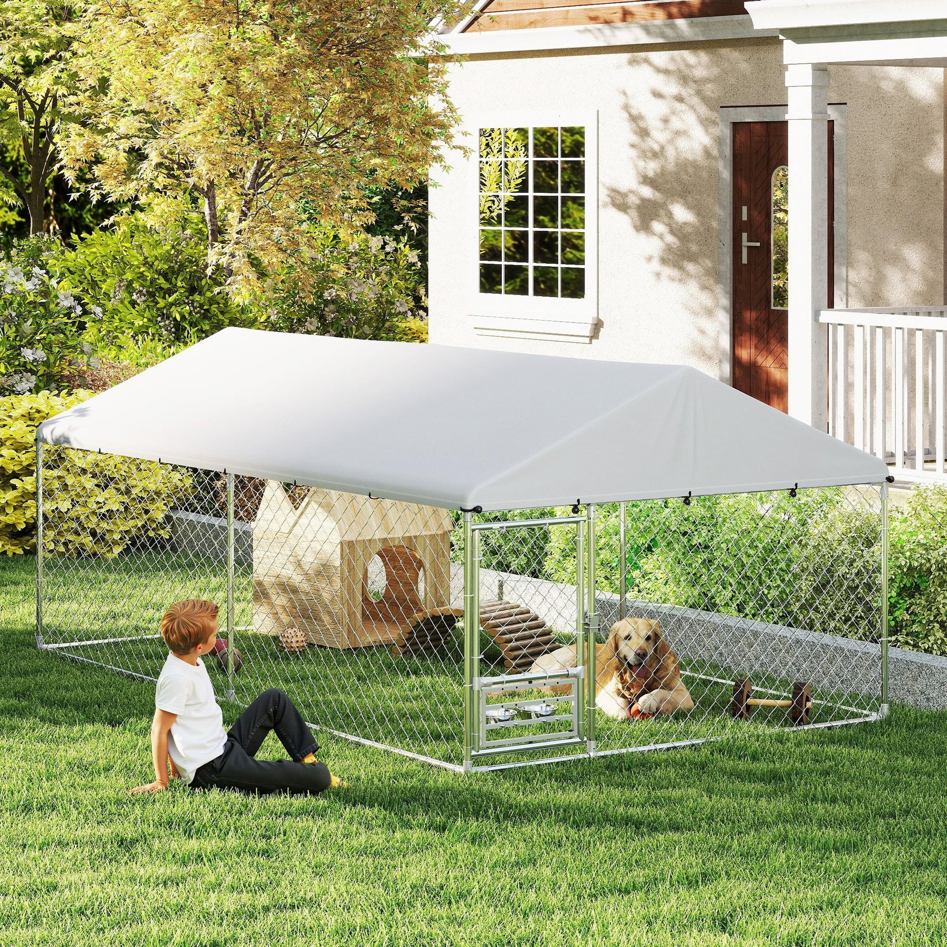 Outdoor Dog Kennel - 13.1' x 7.5' x 5.2' Silver Steel-DECOROLALA