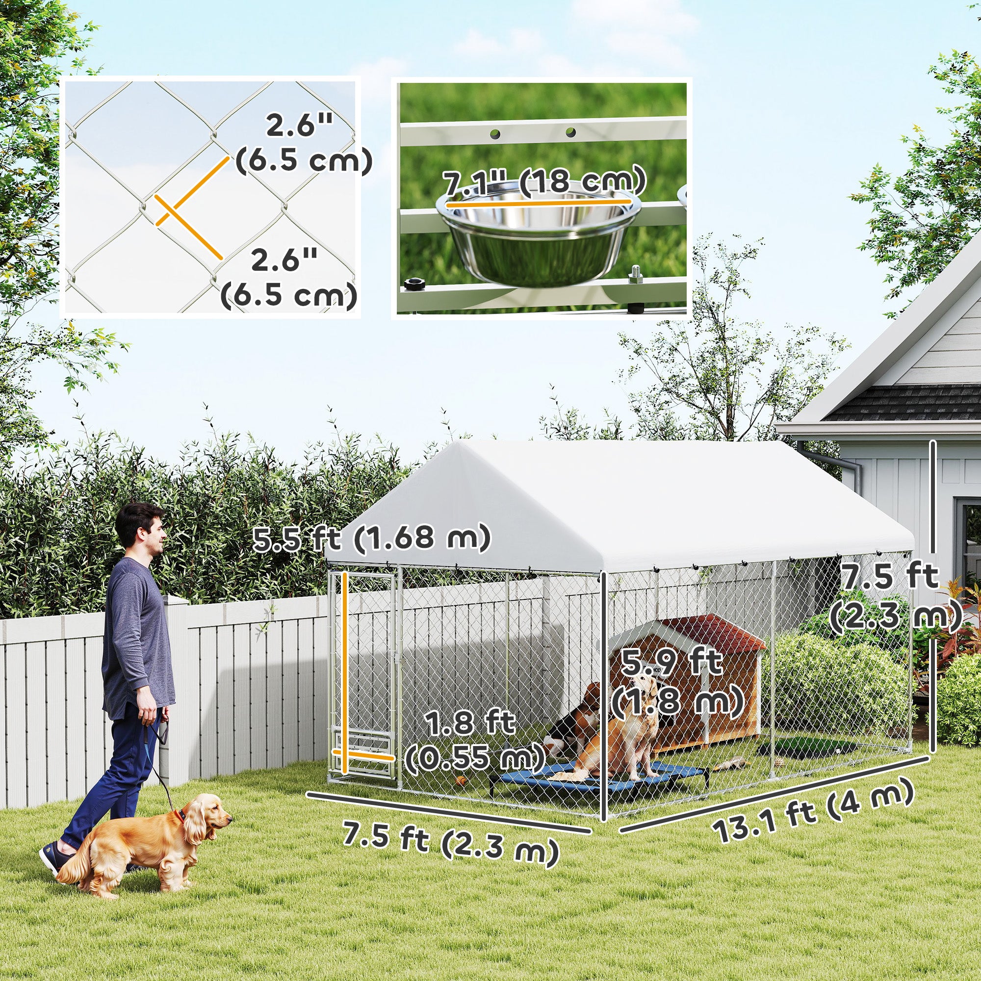 Outdoor Dog Kennel - 13.1' x 7.5' x 7.5' Silver Steel-DECOROLALA
