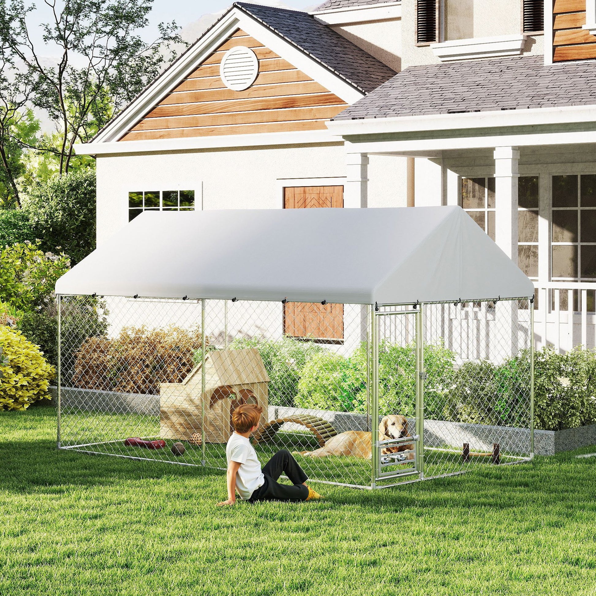 Outdoor Dog Kennel - 13.1' x 7.5' x 7.5' Silver Steel-DECOROLALA