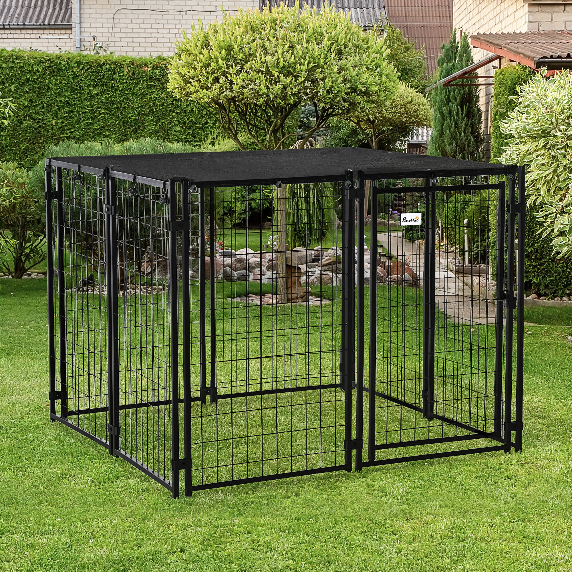 Outdoor Dog Kennel - 55.5" Lockable Pet Playpen with Cover, Black-Dogs-DECOROLALA
