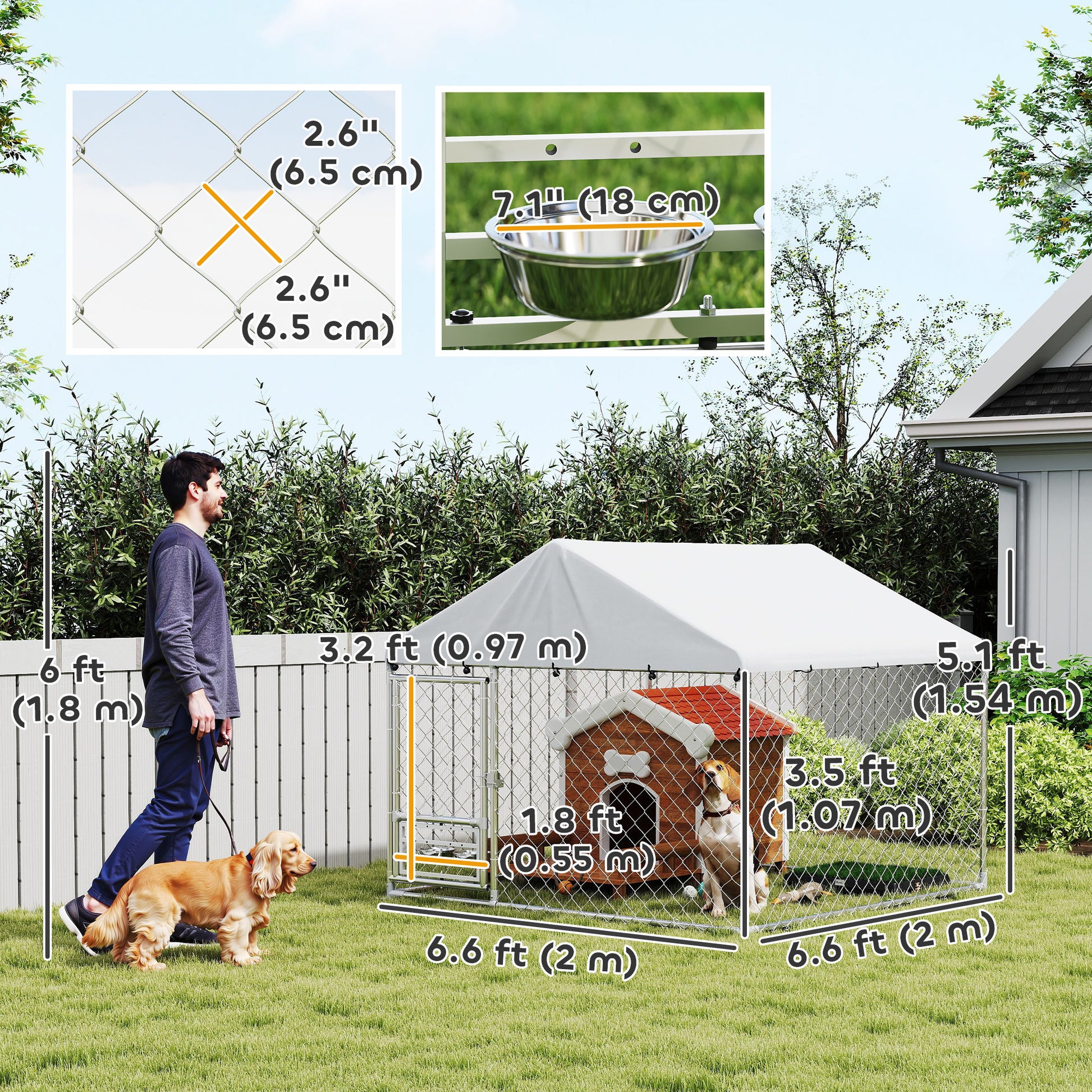 Outdoor Dog Kennel - 6.6' x 6.6' x 5.1' Silver Steel Run-DECOROLALA