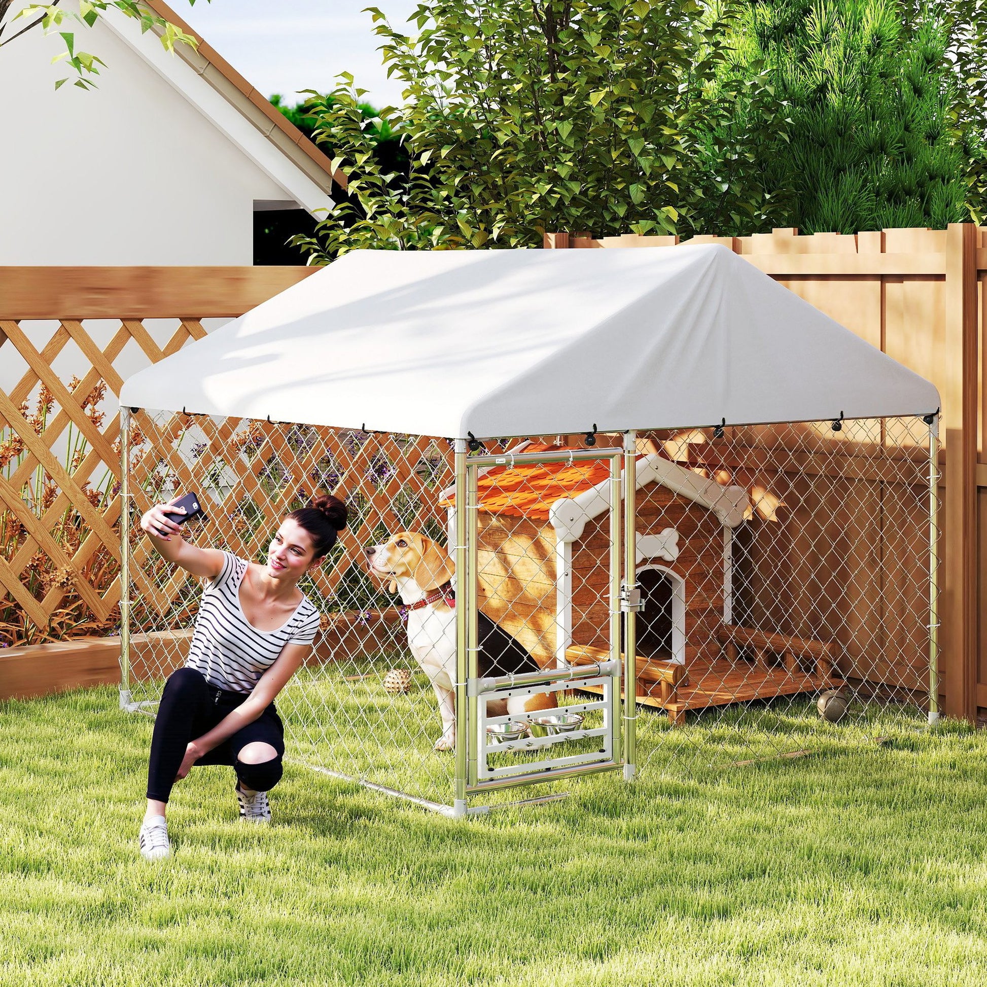 Outdoor Dog Kennel - 6.6' x 6.6' x 5.1' Silver Steel Run-DECOROLALA