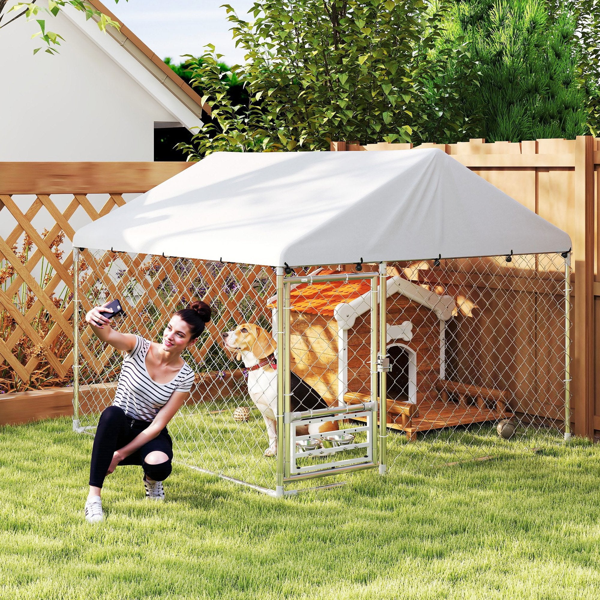 Outdoor Dog Kennel - 6.6' x 6.6' x 5.1' Silver Steel Run-DECOROLALA