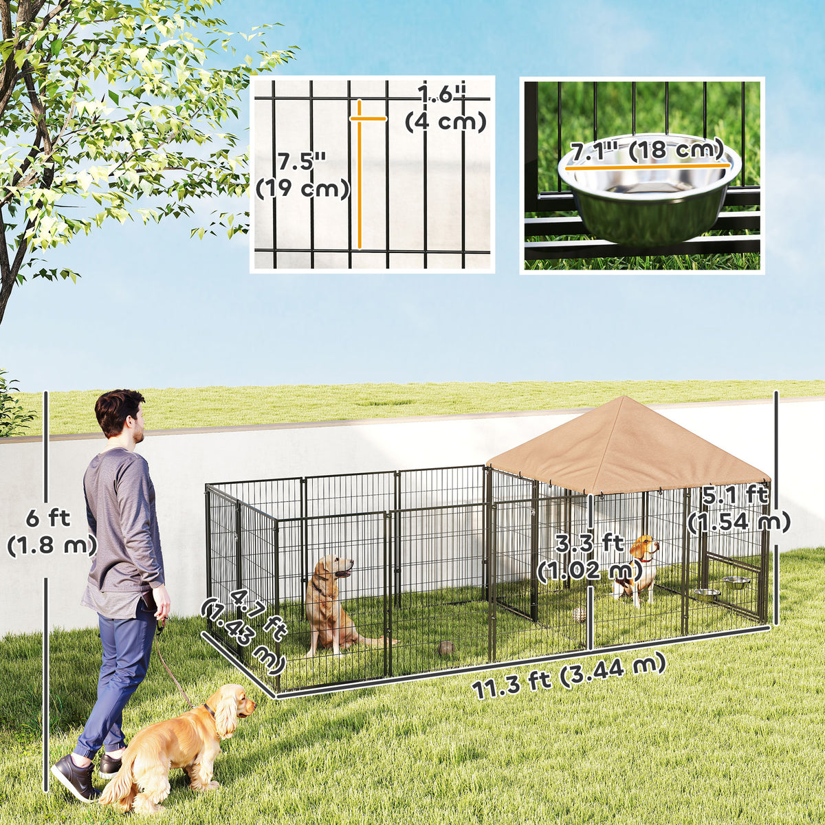 Outdoor Dog Kennel - Coffee 11.3' x 4.7' x 5.1' with Cover & Bowls-Dogs-DECOROLALA