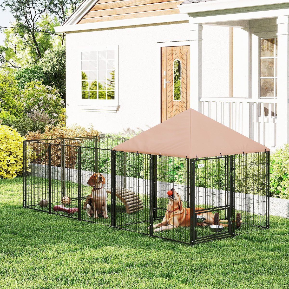 Outdoor Dog Kennel - Coffee 11.3' x 4.7' x 5.1' with Cover & Bowls-Dogs-DECOROLALA