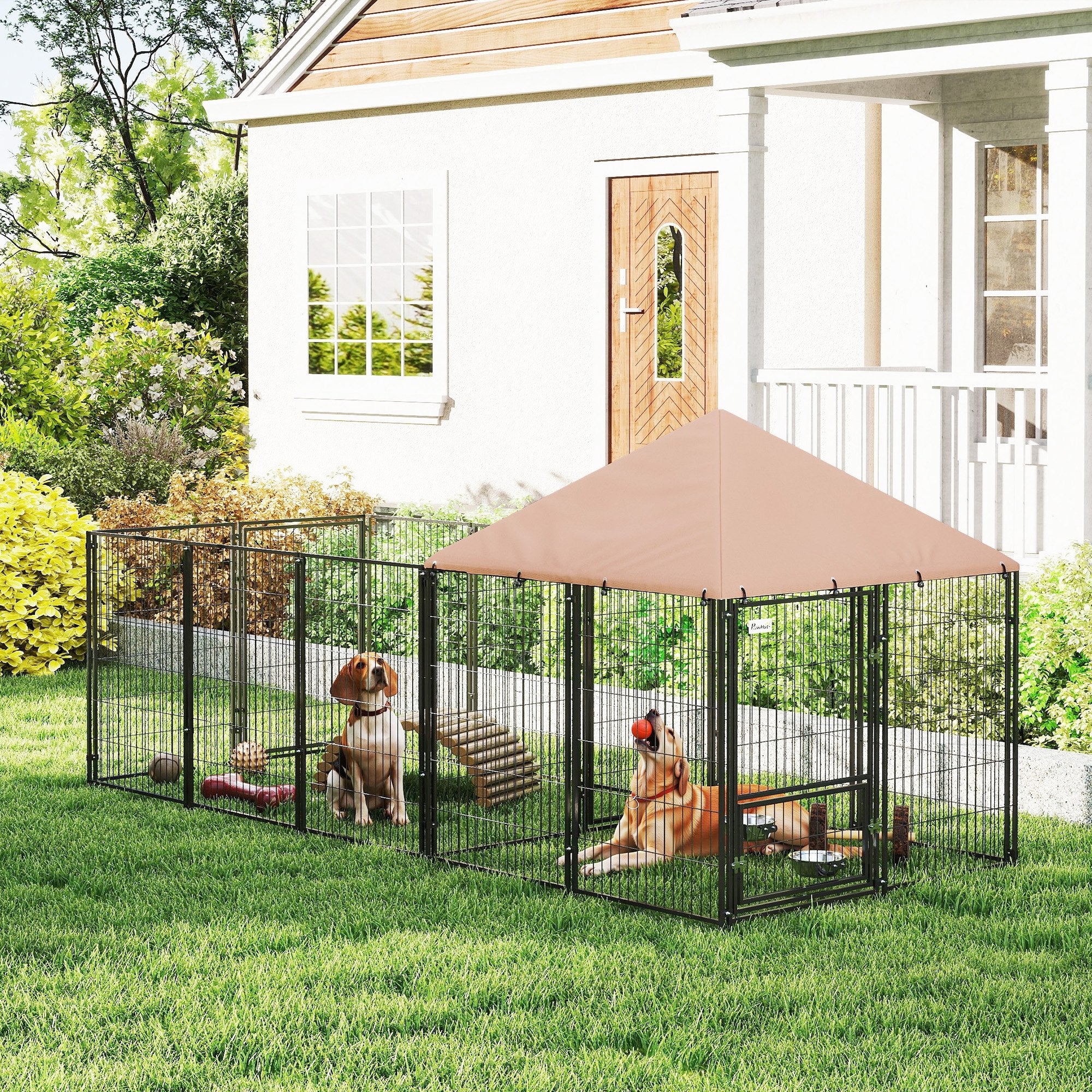 Outdoor Dog Kennel - Coffee 11.3' x 4.7' x 5.1' with Cover & Bowls-Dogs-DECOROLALA