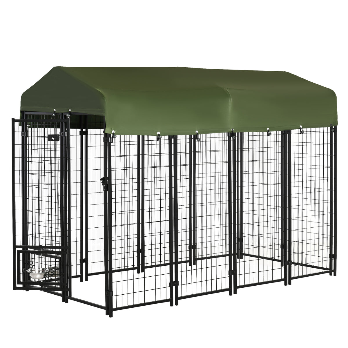 Outdoor Dog Kennel - Lockable Steel Playpen with Roof & Bowls, Green-Dogs-DECOROLALA