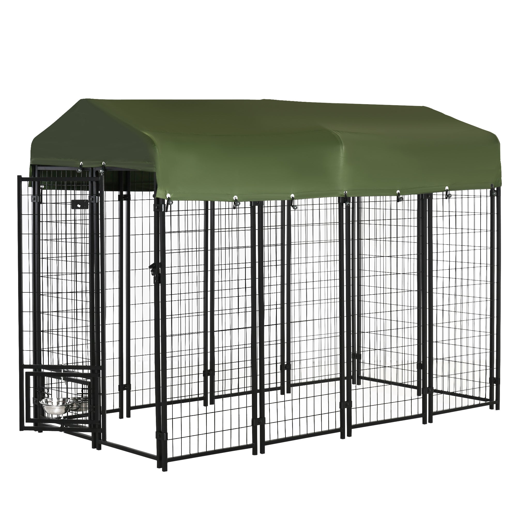 Outdoor Dog Kennel - Lockable Steel Playpen with Roof & Bowls, Green-Dogs-DECOROLALA
