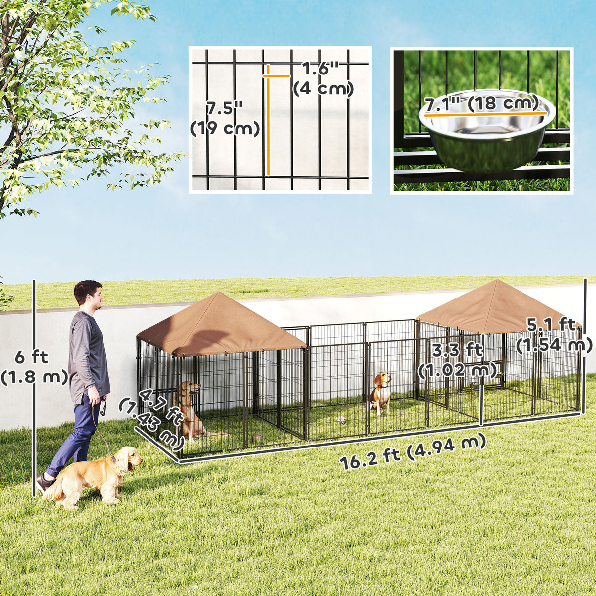 Outdoor Dog Kennel with 2 Rooms & Bowls - Coffee 16.2' x 4.7'-Dogs-DECOROLALA