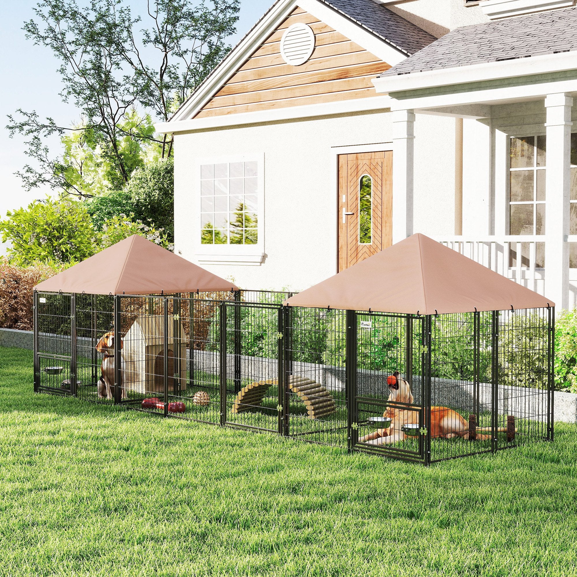 Outdoor Dog Kennel with 2 Rooms & Bowls - Coffee 16.2' x 4.7'-Dogs-DECOROLALA