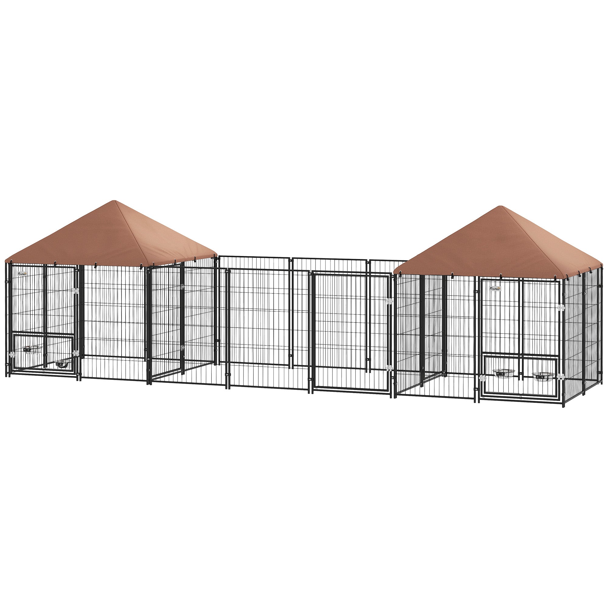 Outdoor Dog Kennel with 2 Rooms, Rotating & Adjustable Height Bowls, Waterproof UV-Resistant Cover, 16.2' x 4.7' x 5.1'-Dogs-DECOROLALA