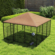 Outdoor Dog Kennel with Canopy and Rotating Bowls - Coffee 7' x 7' x 5'-Dogs-DECOROLALA