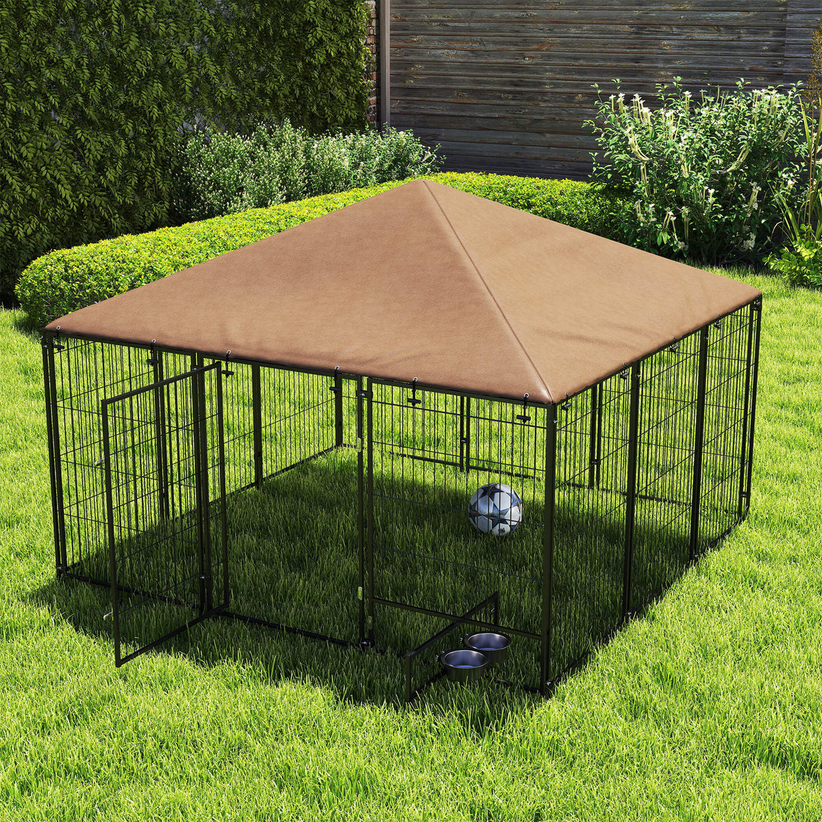 Outdoor Dog Kennel with Canopy and Rotating Bowls - Coffee 7' x 7' x 5'-Dogs-DECOROLALA