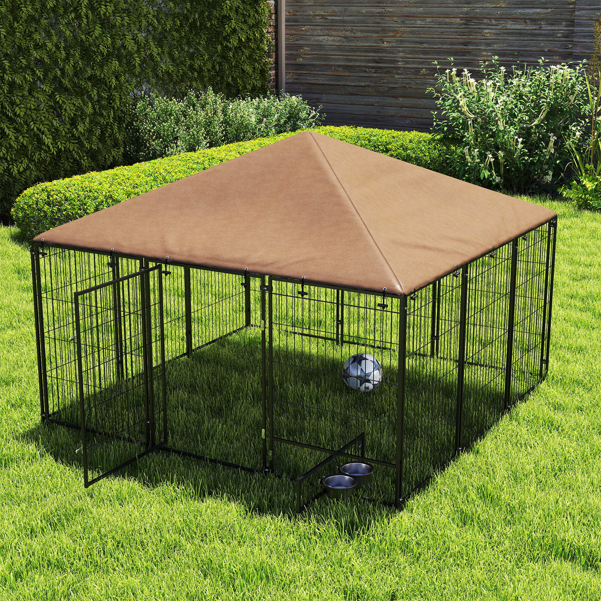 Outdoor Dog Kennel with Canopy and Rotating Bowls - Coffee 7' x 7' x 5'-Dogs-DECOROLALA