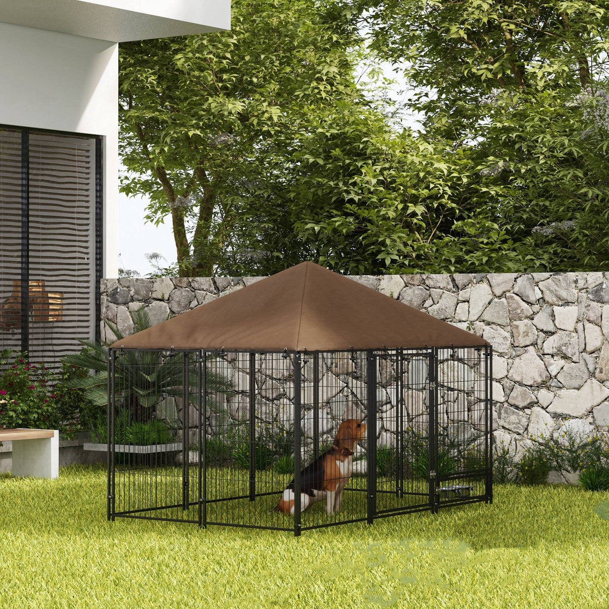 Outdoor Dog Kennel with Canopy and Rotating Bowls - Coffee-Dogs-DECOROLALA