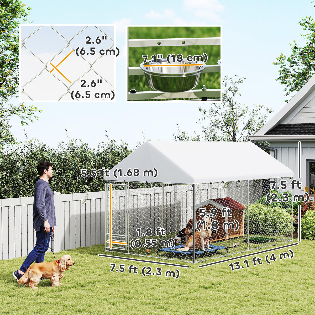 Outdoor Dog Kennel with Cover and Feeding Bowls - 13.1' x 7.5' x 7.5'-Dogs-DECOROLALA