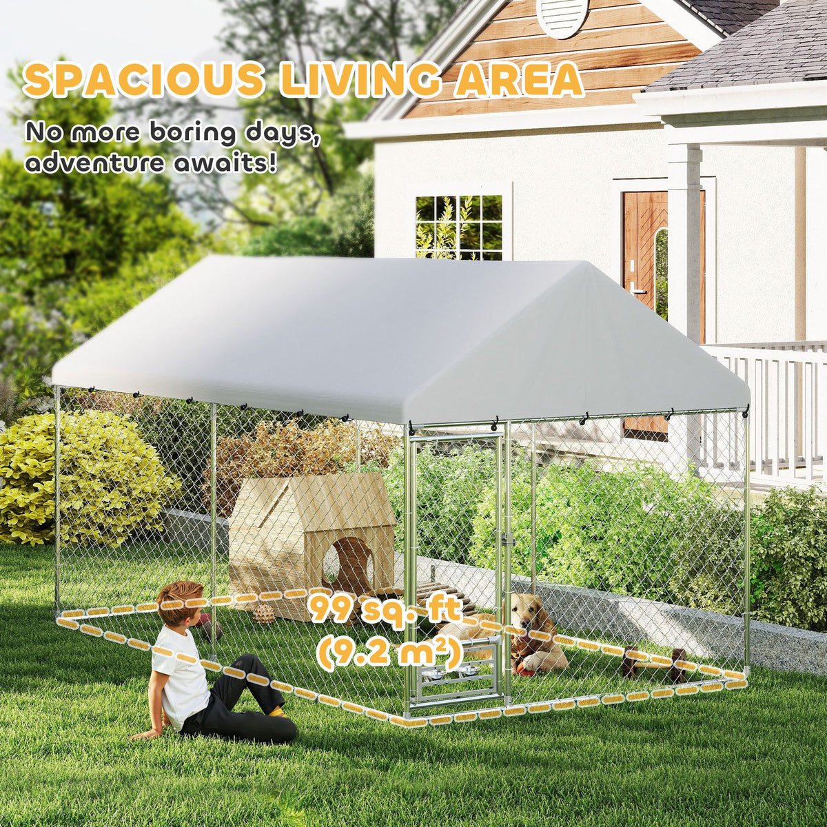 Outdoor Dog Kennel with Cover and Feeding Bowls - 13.1' x 7.5' x 7.5'-Dogs-DECOROLALA
