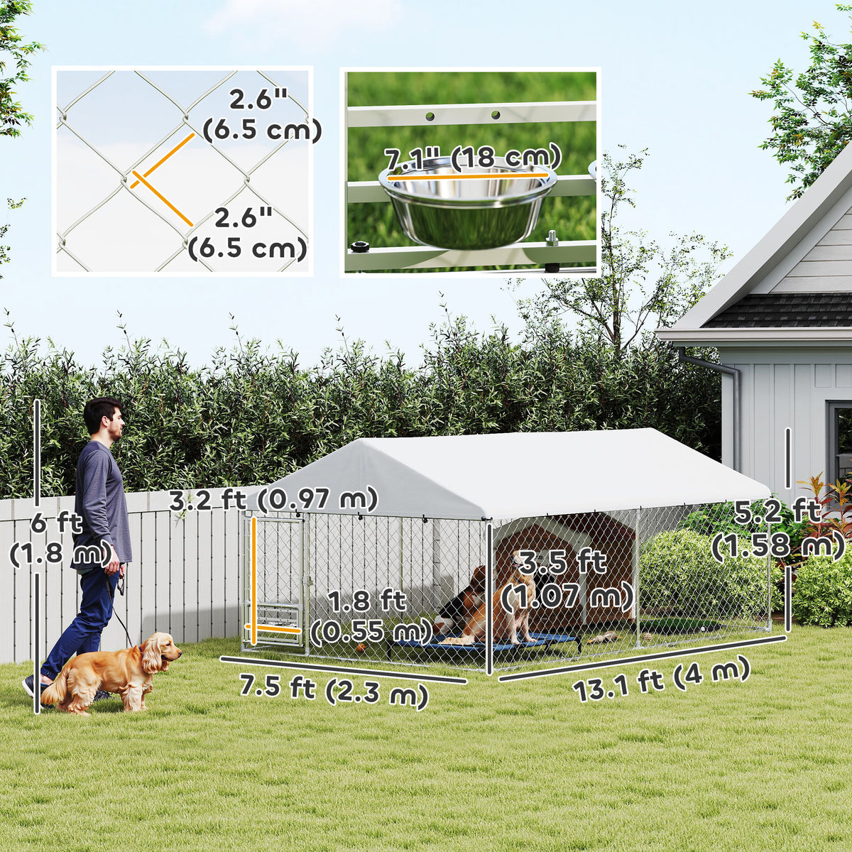 Outdoor Dog Kennel with Cover and Rotating Bowls - 13.1' x 7.5'-Dog Supplies-DECOROLALA